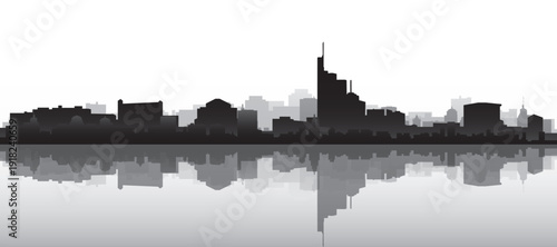 Black and white panoramic poster of the city skyline with misty background buildings and water reflection of FRANKFURT, GERMANY
