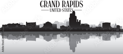 Black and white panoramic poster of the city skyline with misty background buildings and water reflection of GRAND RAPIDS, UNITED STATES