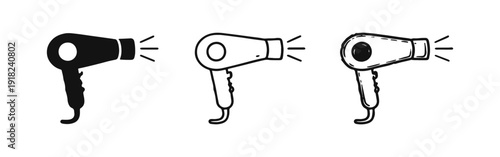 Hairdryer icon set. Hair styling and beauty salon tool. Appliance for drying and grooming in black, outline, and doodle styles.