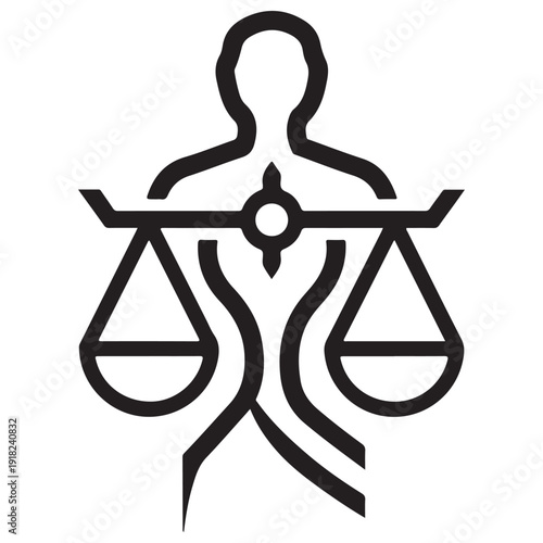 Minimalist Black Line Art Icon of a Human Silhouette Integrated with Scales of Justice Representing Legal Balance, Human Rights, and Ethical Judgment in a Professional Vector Style.