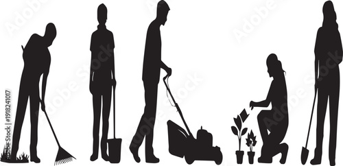 Silhouettes of people gardening and landscaping including raking grass, mowing lawn, planting flowers, and holding shovels, cad drawing flat vector illustration isolated white.