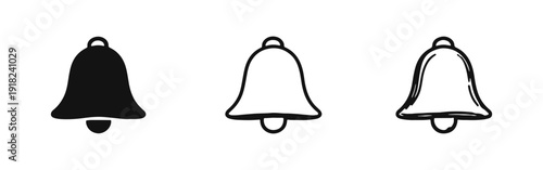 Notification bell icon set. Alert and reminder symbol. Digital and classic alarm in black, outline, and doodle styles.