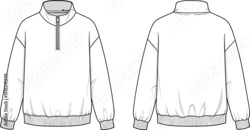 Technical, fashion, sketch, of, a, classic, long, sleeve, quarter, zip, sweatshirt, cad, drawing, flat, vector, illustration, front, and, back, view.