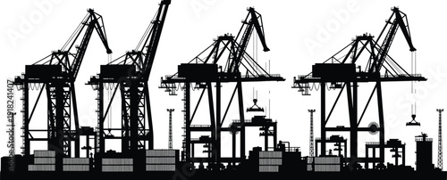Vector, silhouette, set, of, industrial, port, cranes, for, container, shipping, logistics, maritime, terminal, technical, cad, drawing, flat, illustration, isolated, white.