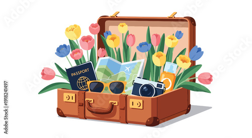 Spring travel vector poster with suitcase full of flowers and travel elements. Creative tourism and vacation concept for seasonal marketing and promotional campaigns