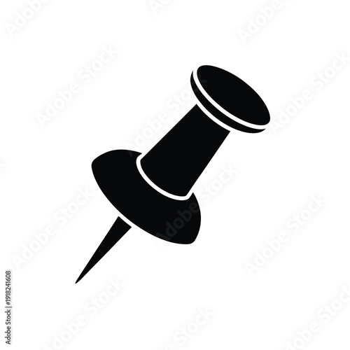 Simple black silhouette of a push pin angled slightly to the right