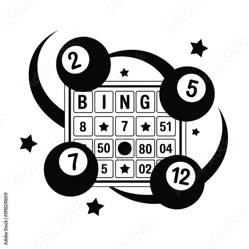 Black and white illustration featuring a bingo card with billiard balls