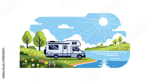 Spring travel vector poster of camper van parked by lake with blooming nature landscape. Outdoor tourism and road trip vacation concept for seasonal promotion design