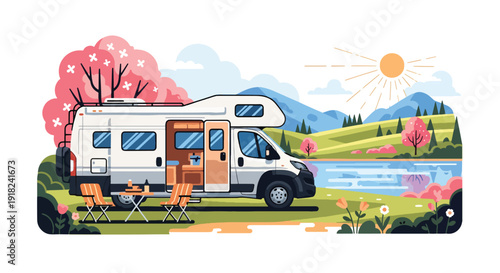 Spring travel vector poster of camper van parked by lake with blooming nature landscape. Outdoor tourism and road trip vacation concept for seasonal promotion design