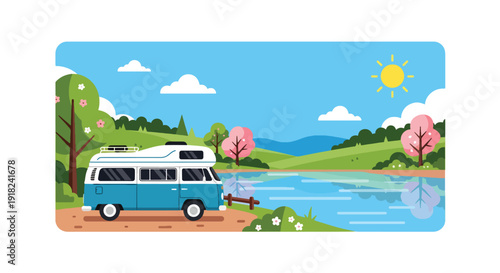 Spring travel vector poster of camper van parked by lake with blooming nature landscape. Outdoor tourism and road trip vacation concept for seasonal promotion design