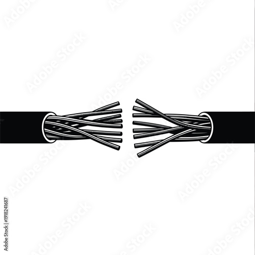 A broken steel cable with frayed ends against a white background