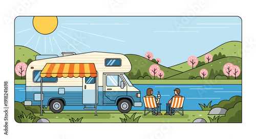 Spring travel vector poster of camper van parked by lake with blooming nature landscape. Outdoor tourism and road trip vacation concept for seasonal promotion design