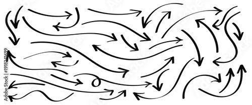 Different collection of curved thin lines vector hand drawn arrows  on white background. Black arrows set are used to educational materials, presentations and different type of project work.