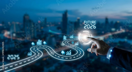 Hand pointing to futuristic 2025 2026 digital cityscape with glowing tech roadmap and innovation icons