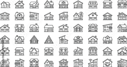 House icons, residential buildings, modern architecture, cottage homes, roof styles, eco houses, smart homes, vector set, real estate, urban design