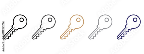 Set of five golden and silver keys isolated on white background for security access unlocking solutions