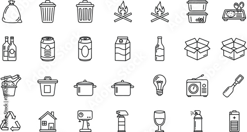 Household waste icons, recycling symbols, garbage bins, bottles, cans, cardboard boxes, cleaning supplies, kitchen utensils, eco-friendly, sustainability, environment