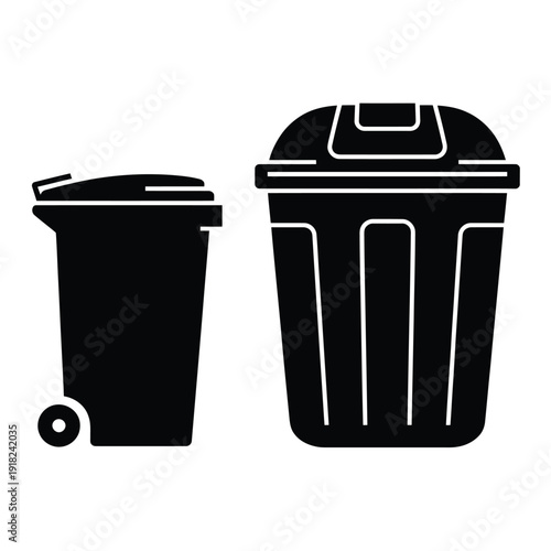 Two black trash cans with lids one with rolling wheels shown