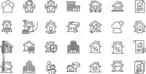 Housing icons, real estate symbols, home services, smart home, property care, mortgage tools, protection, black and white vector set