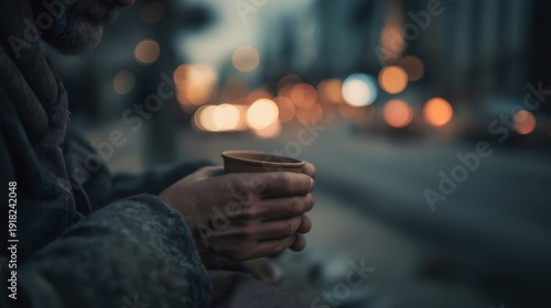 Homeless person holding cardboard cup on city street