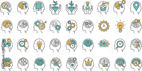 Human head icons, brain symbols, cognitive process graphics, mental function visuals, creativity elements, teal yellow black theme, vector illustration pack