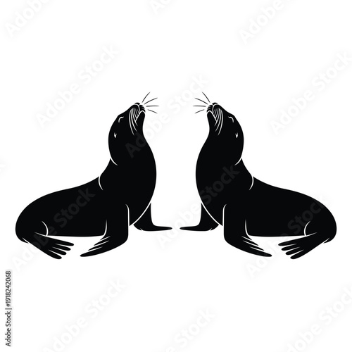 Two black silhouettes of seals facing each other roaring loudly