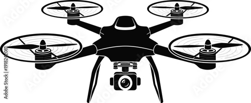 Modern, remote, control, quadcopter, drone, with, digital, camera, for, aerial, photography, and, video, cad, drawing, flat, vector, illustration, white, background.