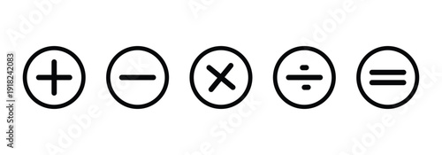 Plus, minus, multiply, divide and equals icon set in black circular frame. Flat vector icon set isolated on a white background.