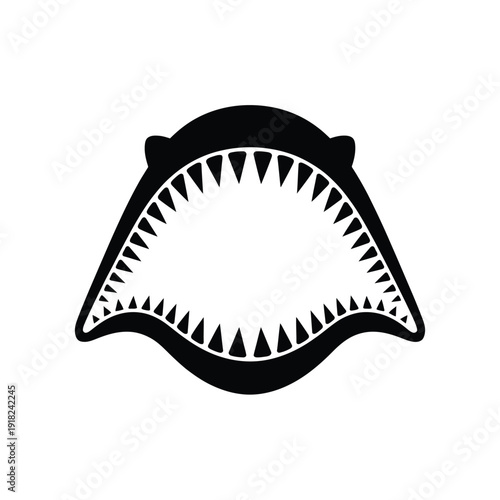Minimalist black and white illustration of a shark s open mouth with teeth