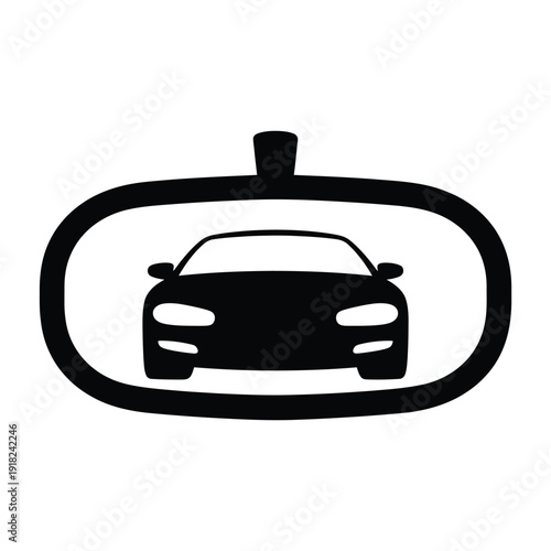 Black and white illustration of a car reflected in a rearview mirror