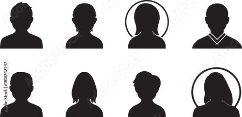 Silhouettes of people with two circled individuals in a grid layout black white