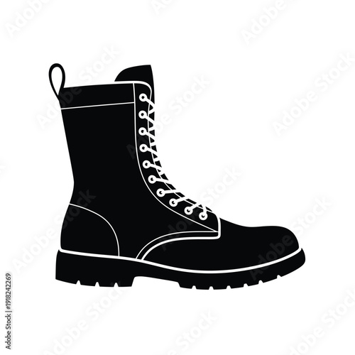 A black and white illustration of a single combat boot side view