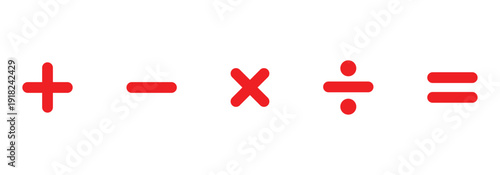 Flat mathematical plus, minus, multiply, divide, and equal symbol collection for calculators, financial applications, and educational project use. Vector icon isolated on a white background.