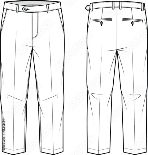 Technical, fashion, sketch, of, professional, tailored, trousers, with, pockets, cad, drawing, flat, vector, illustration, front, and, back, view, design.