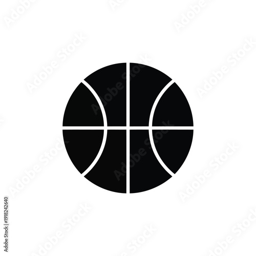 A simple black and white icon depicting a basketball on a white background