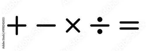 Flat mathematical plus, minus, multiply, divide, and equal symbol collection for calculators, financial applications, and educational project use. Vector icon isolated on a white background.