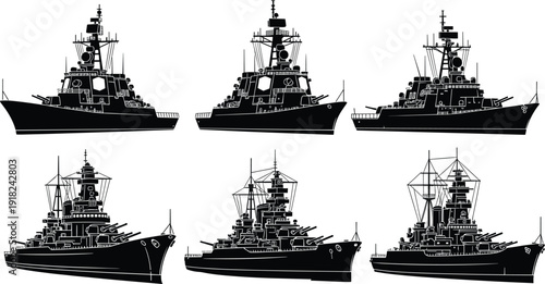 Vector, silhouette, set, of, modern, naval, warships, and, historical, battleships, military, ocean, vessel, cad, drawing, flat, illustration, isolated, white, background.