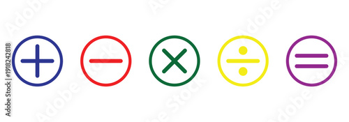 Different colored mathematical plus, minus, multiply, divide and equal sign  in circular frame are used in data manipulation tools and  digital and physical calculators.