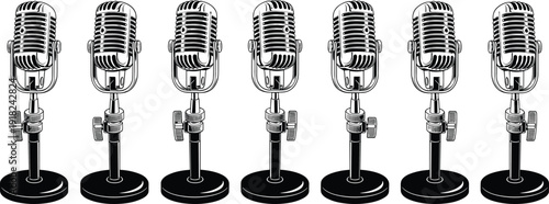 Vector, silhouette, set, of, professional, vintage, studio, microphones, for, podcasting, and, broadcasting, cad, drawing, flat, illustration, isolated, white, background.