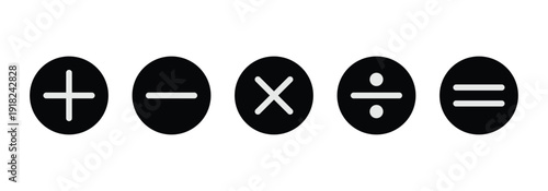 Mathematical plus, minus, multiply, divide and equal icon set vector in black circular frame ideal for calculator interfaces, financial applications and educational project.
