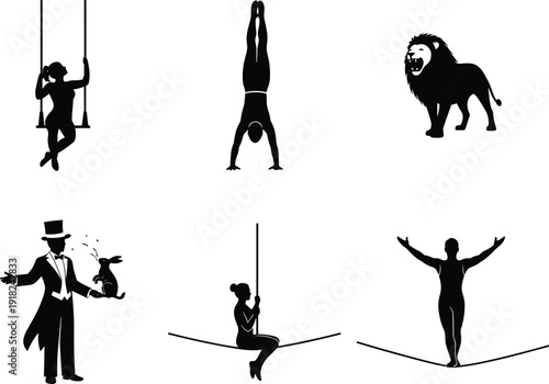 Vector, silhouette, set, of, various, circus, performers, animals, including, acrobats, lion, magician, and, tightrope, walker, isolated, on, white, background.