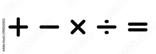 Simple plus, minus, multiply, divide and equal symbol collection are used in calculators, spreadsheet software, programming. Vector illustration.