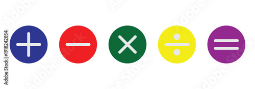 Plus, minus, multiply, divide and equals sign in different colored circular frame. Flat vector icon set isolated on a white background.