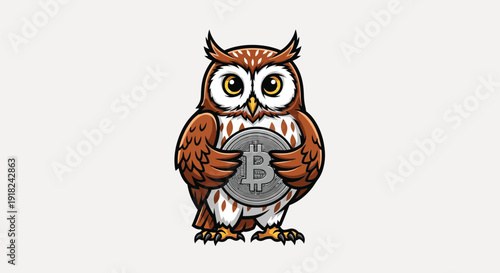 A cartoon owl holds a bitcoin on a plain white background with a mix of orange and brown hues.
