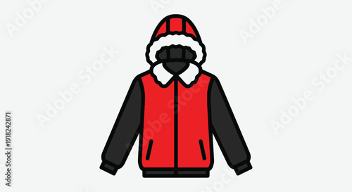 Flat illustration of a red and black winter jacket with a hood against a white background.