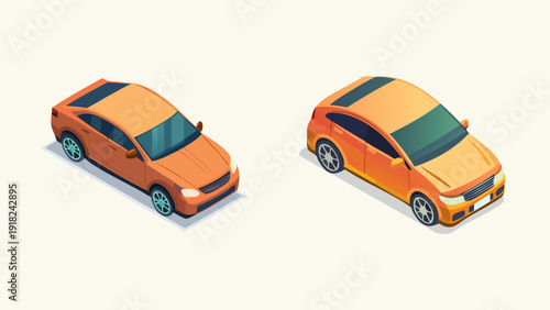 Two orange isometric cars viewed from above, showcasing a sedan and a hatchback model