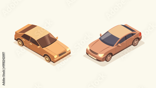 Two modern golden sedans on a light background, isometric illustration