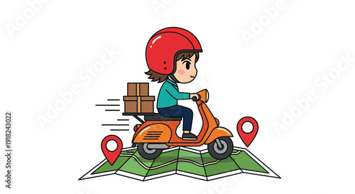 A cartoon delivery person riding an orange scooter with packages on a green map with location pins.