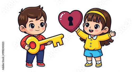 Cartoon illustration of a smiling boy holding a large golden key and a girl holding a heart-shaped lock on a clean white background with colorful characters.