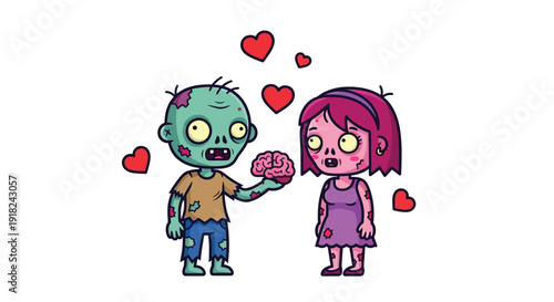 A cartoon zombie offering a brain to a shocked pink-haired girl with floating hearts around them on a white background.